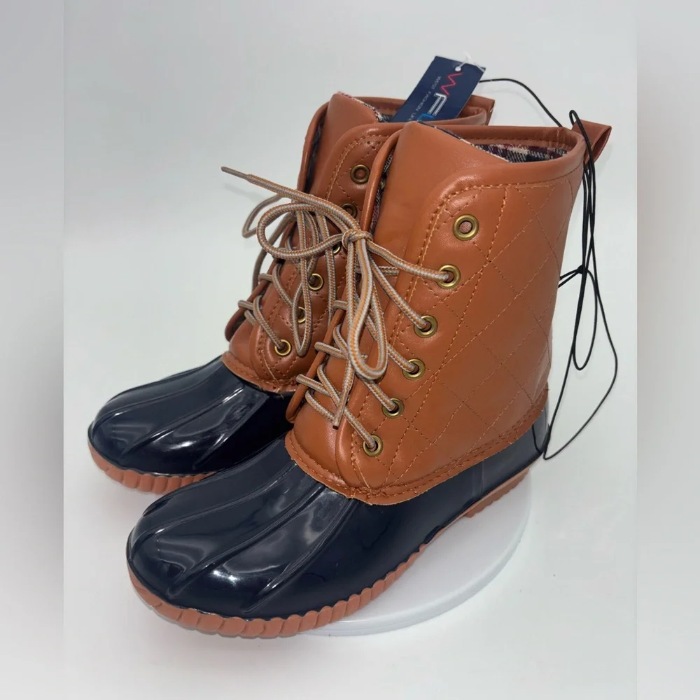 NEW Duck Boots Navy Blue Brown Youth Womens 5 Plaid Lace-Up Waterproof Fisherman